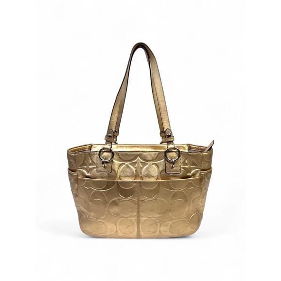 Coach Metallic Gold East West Embossed Signature Leather Tote Bag - Picture 6 of 15